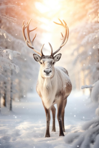 Winter Wonderland Majestic Snowy Forest met een prachtige kudde wilde rendieren