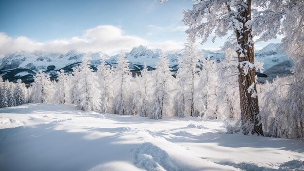 Winter wonderland met besneeuwde bomen en bergen