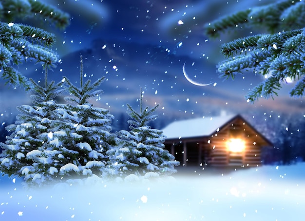 Winter wonderland ,night in forest wooden cabin pine tree\
covered by snow snowflakes and moon