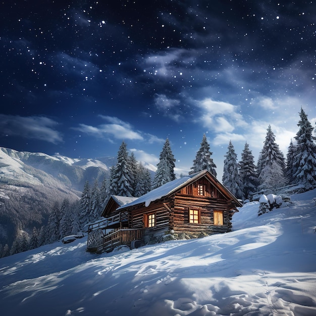 Winter wonderland panorama wooden house in snowy mountains under starry sky