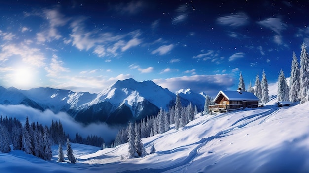 Winter wonderland panorama wooden house in snowy mountains under starry sky