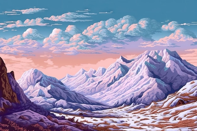 Зимняя страна чудес Pixel Art Горный пейзаж Генеративный AI