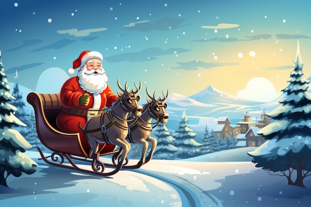 Winter Wonderland Santa Claus Soaring on his Sleigh in a Vector Landscape 32 Aspect Ratio