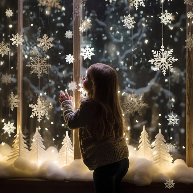 winter wonderland scene with a snow covered window cute Baby girl