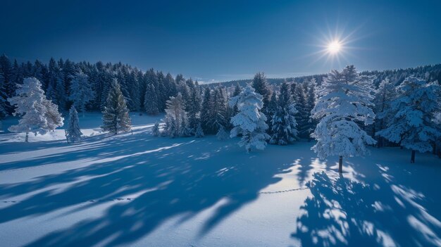 Winter wonderland sneeuw bedekte dennenbos en schaduw