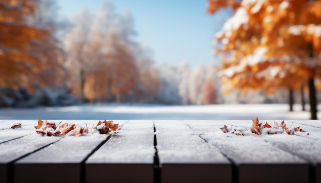 Winter wonderland snow covered wooden table with blurred forest background and fall foliage