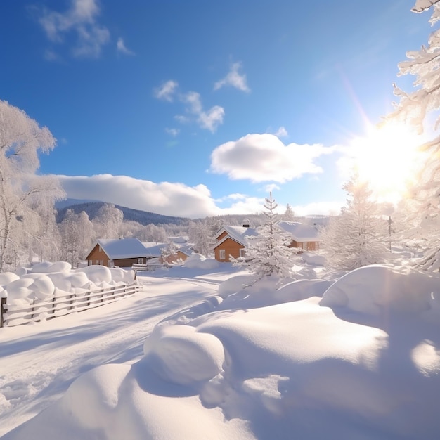 Зимняя страна чудес с покрытыми снегом домами и деревьями
