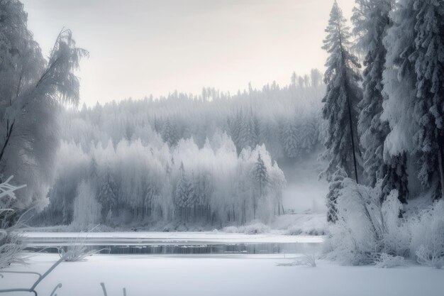 Winter wonderland of snowcovered trees and frozen lake