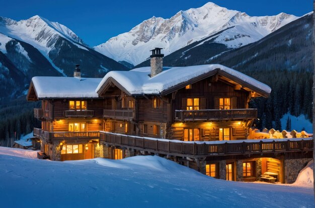 Winter wonderland at a snowy mountain lodge