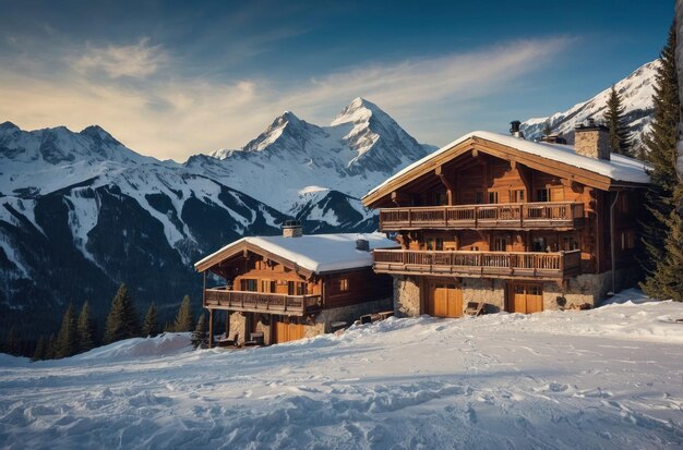 Winter wonderland at a snowy mountain lodge