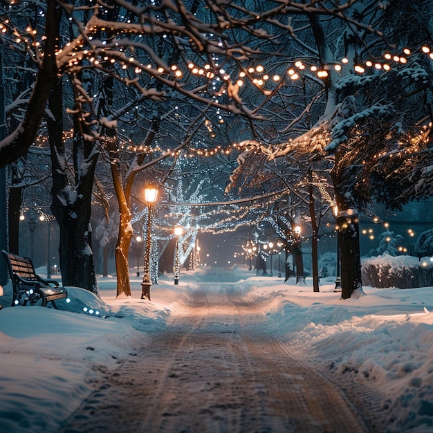 Winter Wonderland Snowy Street with Christmas Lights Landscape Image