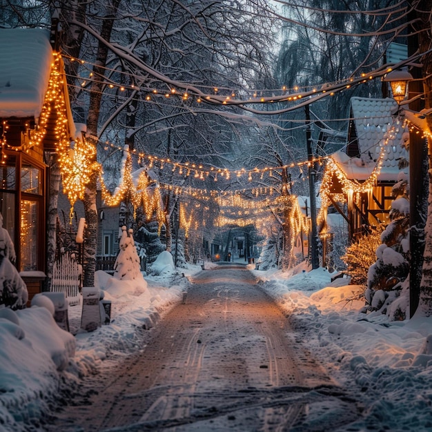 Winter Wonderland Snowy Street with Christmas Lights