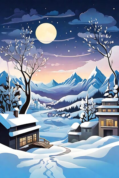 Зимняя Страна Чудес. Векторная иллюстрация. Лунная ночь в тумане.