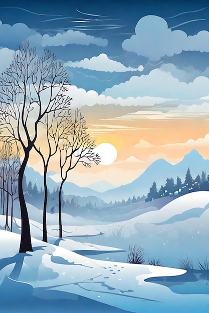 Winter Wonderland Vector Illustration Sun Night Fog and Shishir Landscape