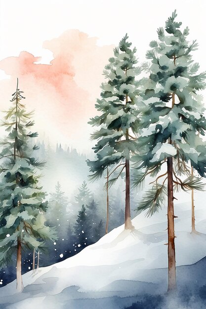 冬のワンダーランド 水彩の松の木のバナー 祭りの休日のデザイン