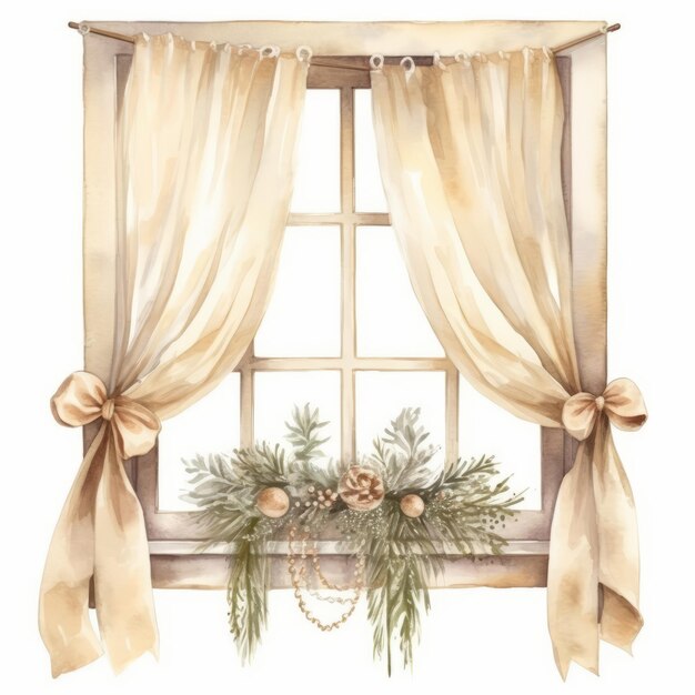 Photo winter wonderland watercolor style christmas window in shades of white beige and cream with clipa