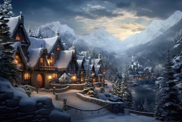 a winter wonderland with a cozy house amidst the snowcapped mountains