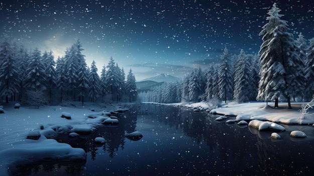 Photo winter wonderland with frozen pond and starry night sky