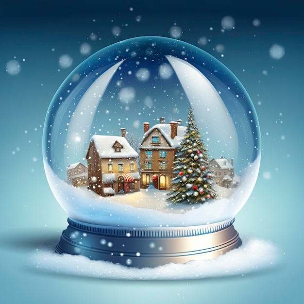 winter wonderland with little town and Christmas tree inside a snow globe , snowing, festive.