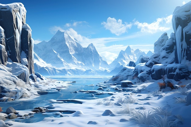 Зимняя страна чудес с величественными снежными горами Генеративный ИИ
