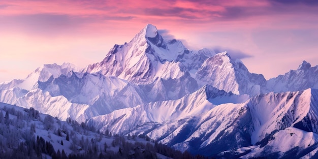 winter wonderland with a panoramic view of snowcapped mountains and a sky painted in shades of lavender and mauve Generative AI