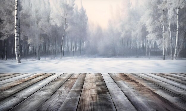 Winter wood planks and snowy landscape background