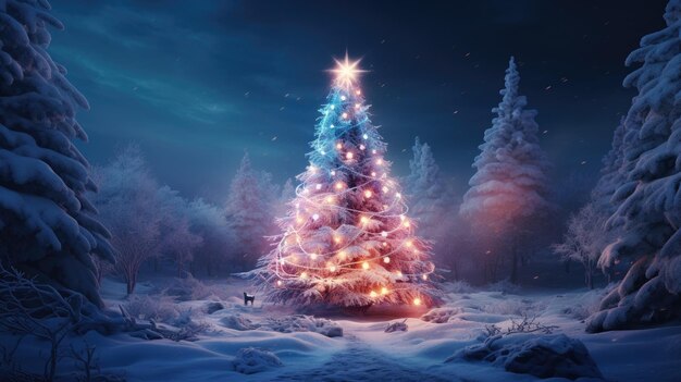 크리스마스 나무 가 있는 겨울 숲 Generative Ai