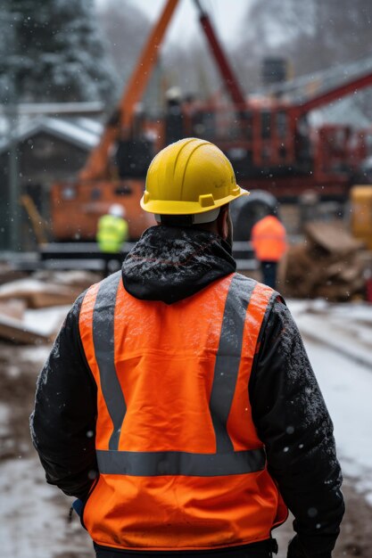 Winter Worksite Watch Hard Hat Man in Orange Vest Facing Construction Scene