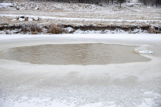 Winter wormwood lake. broken ice on the water