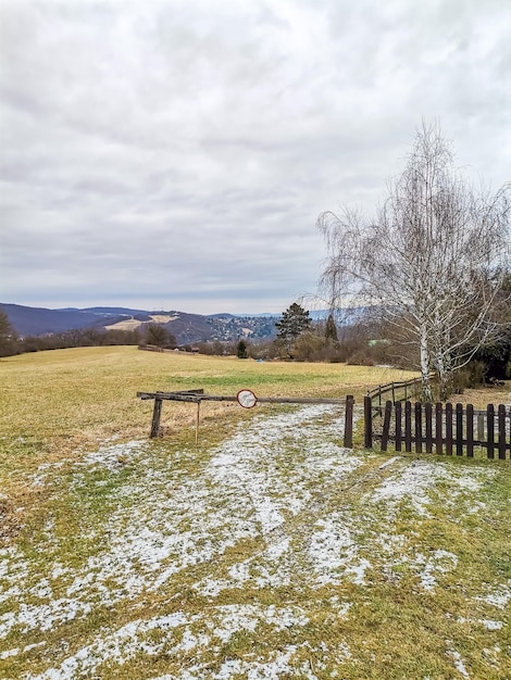 Winter zadni treban village landscape in czech republic near beroun town