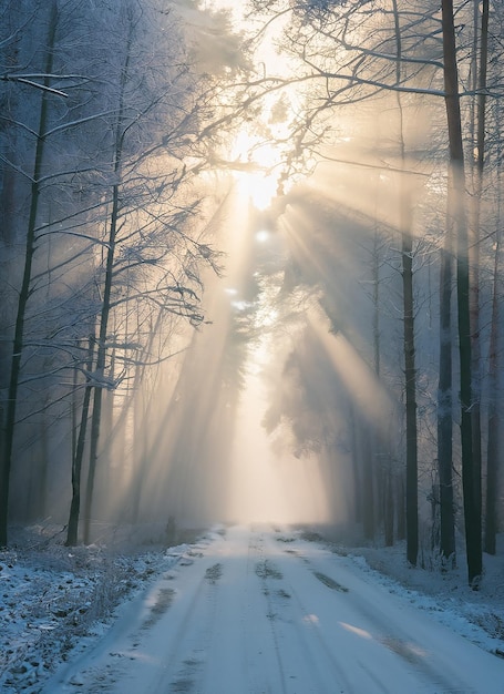 Winter zonnestralen trog bomen op een bosweg op een avondeten mistig dat