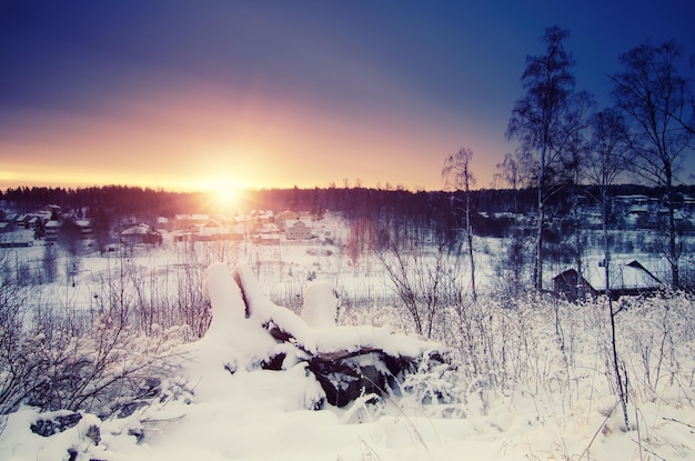 Winter zonnig zonsopganglandschap met bomen en kleine Zweedse stad Noord-Scandinavische seizoensgebonden hipster-achtergrond