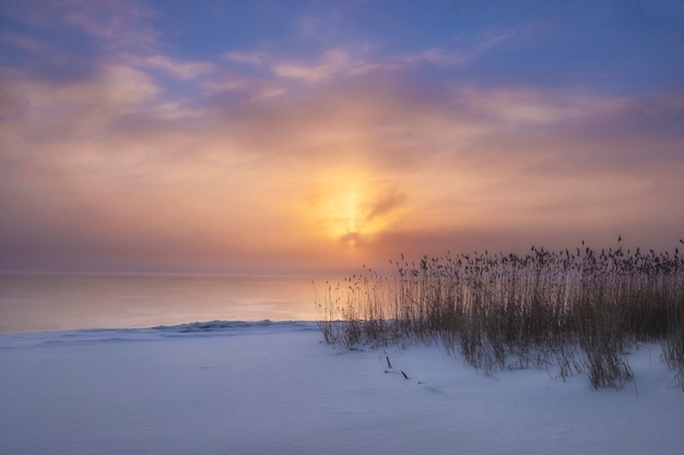 Winter zonsondergang op mistige meer