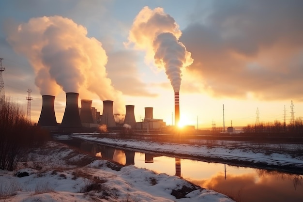 Winter zonsondergang silhouet van elektriciteitscentrale Rook uit verbrande kolenpijpen