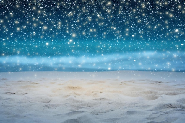 Winterachtergrond met sneeuwvlokken op het zand en sterrenhemel
