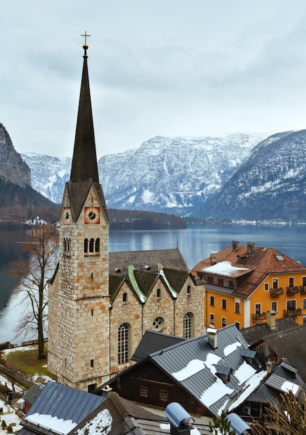 Winteralpen Hallstatt Stad en Hallstättermeer Zeezicht (Oostenrijk)