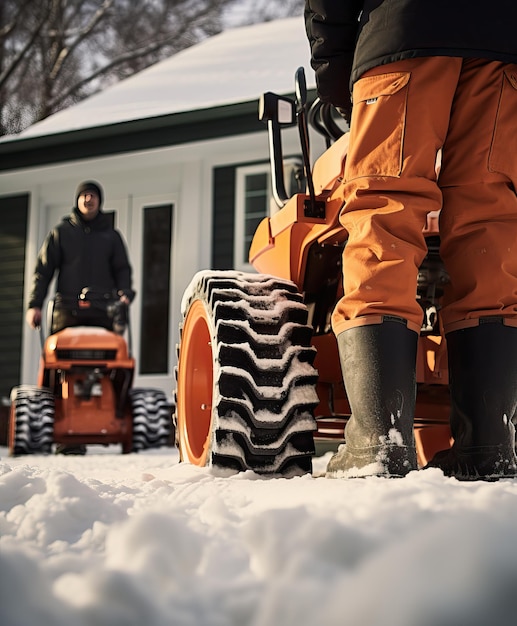 Foto winterarbeiders die sneeuw opruimen met handmatige sneeuwploegen met lage hoek