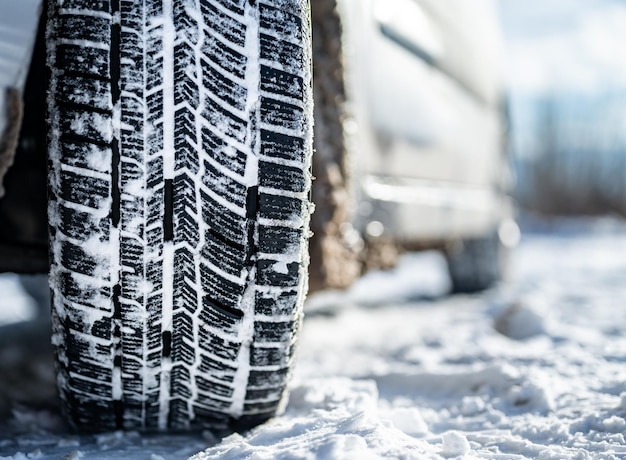 Winterband Detail van autobanden in de winter op de weg bedekt met sneeuw