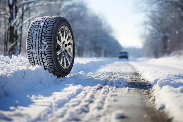 Winterbanden op straat in de sneeuw