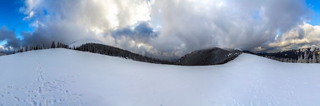 Winterberglandschap met besneeuwde pijnbomen en lage wolken