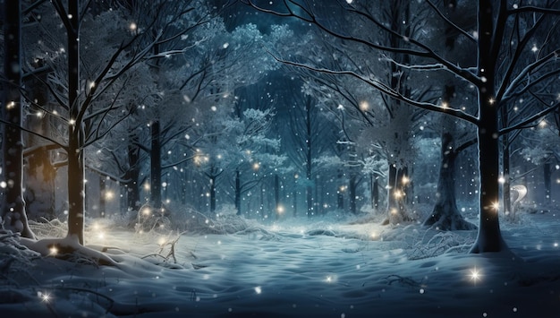 Winterbos 's nachts met bomen en sneeuwvlokken
