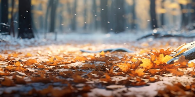 winterbosbodem bedekt met een deken van gevallen bladeren en een dunne laag sneeuw Generatieve AI