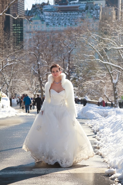 Winterbruid Bruid in de winter tegen de achtergrond van New York centralPark