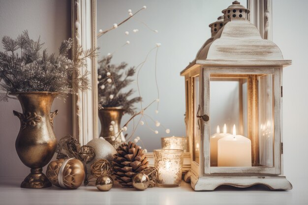 Winterdecor Kerstdecor huis vintage witte lantaarn met kaars dennenappels witte vintage kaptafel spiegel