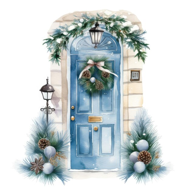 Winterdeur met kerstversiering aquarel clipart geïsoleerde witte achtergrond