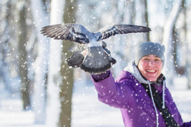 Winterduif op een wazige menselijke achtergrond