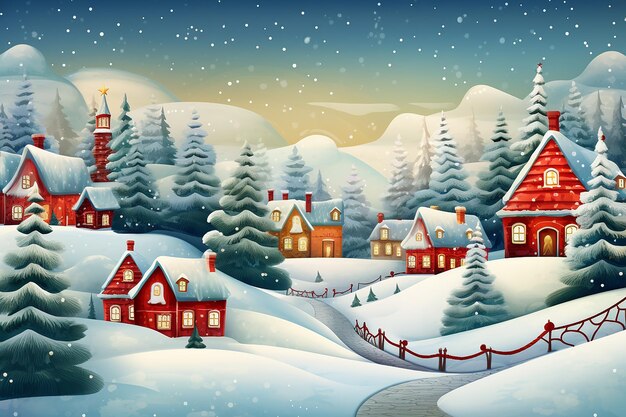 Photo winterfestivelandscapewithvillageandchristmastreesrasterillustration