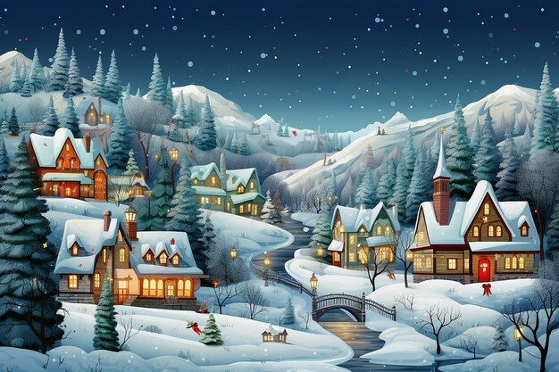 WinterfestivelandscapewithvillageandChristmastreesRasterillustration