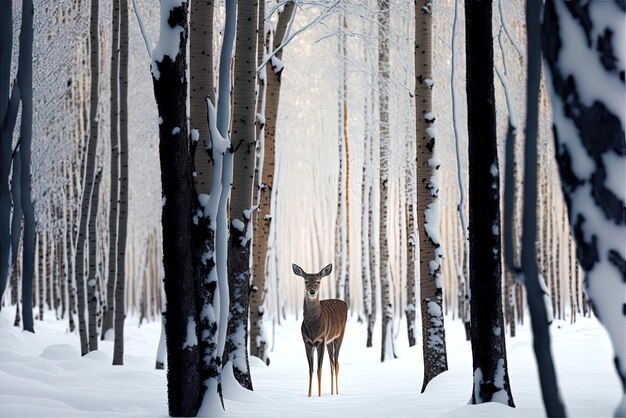 Winterherten in het bos, verticaal opgenomen.