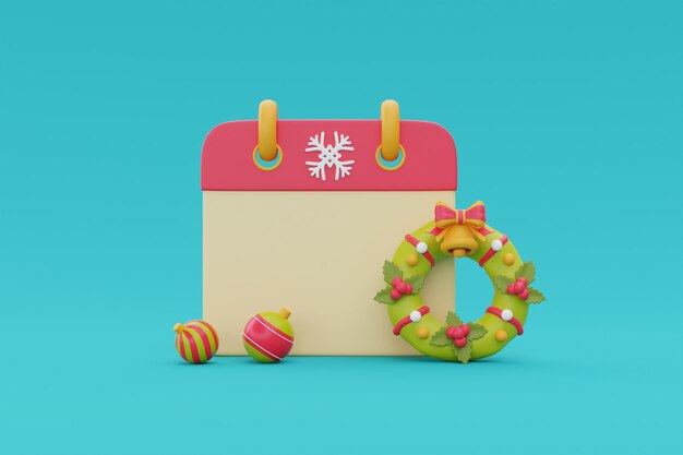 Winterkalender met kerstkrans en sierballen Prettige kerstdagen en gelukkig Nieuwjaar 3D-rendering